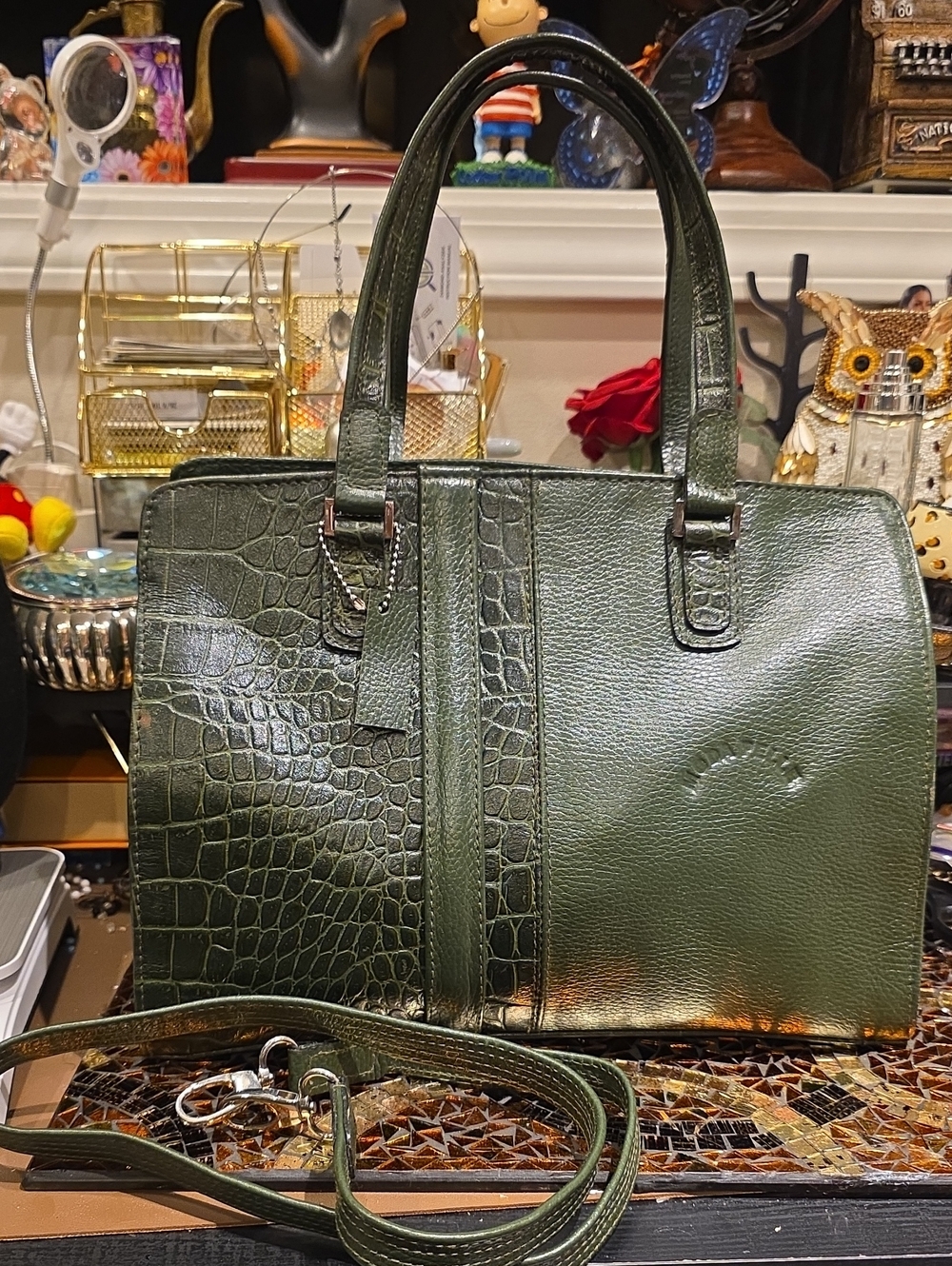 Dark Green Croc-Texture Satchel with Removable Strap